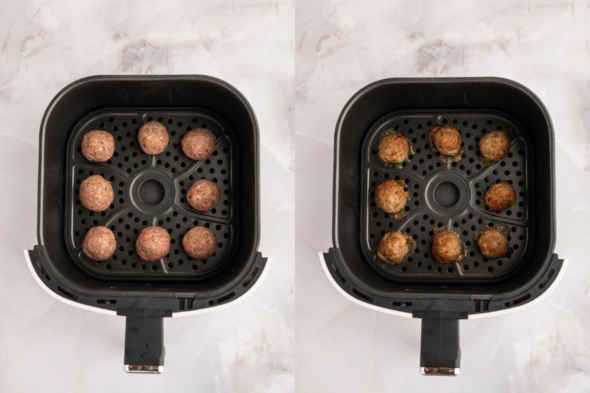 Process shots for cooking keto turkey meatballs in air fryer.