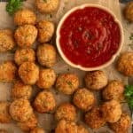 Platter with air fryer turkey meatballs and marinara dipping sauce.
