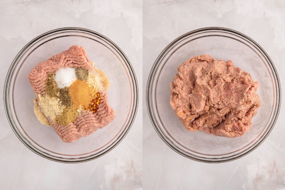 Process shots for mixing seasoning into ground turkey.