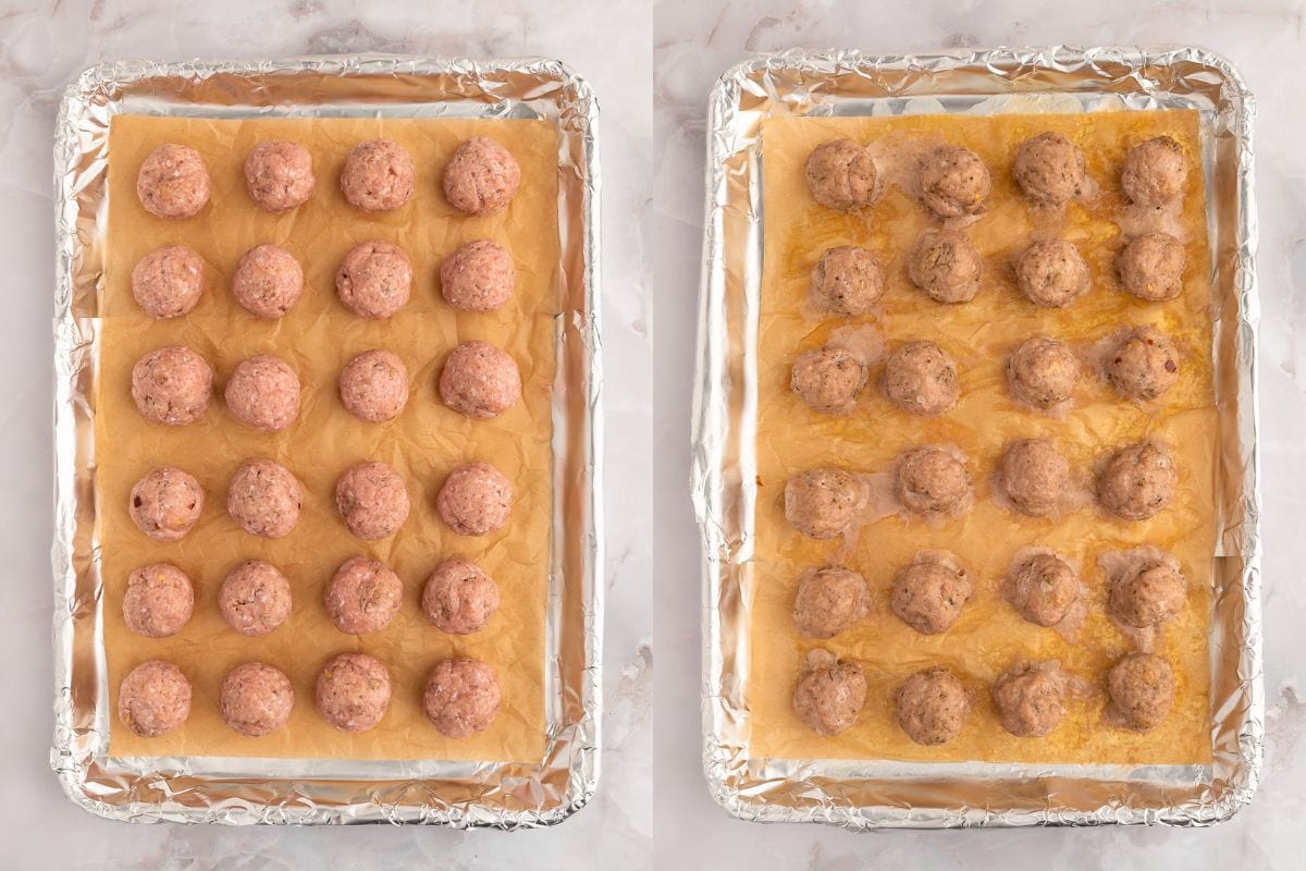 Process shots for cooking keto turkey meatballs in oven.