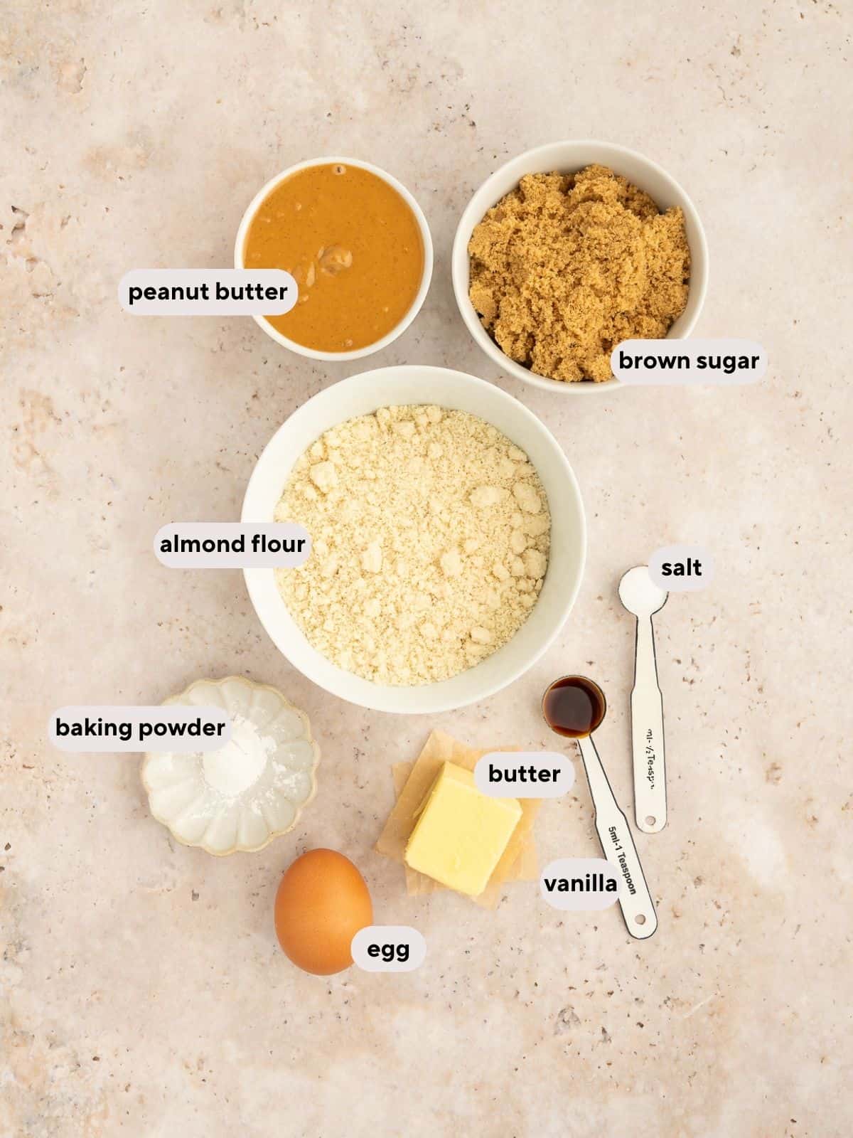 Ingredients for Almond Flour Peanut Butter Cookies.