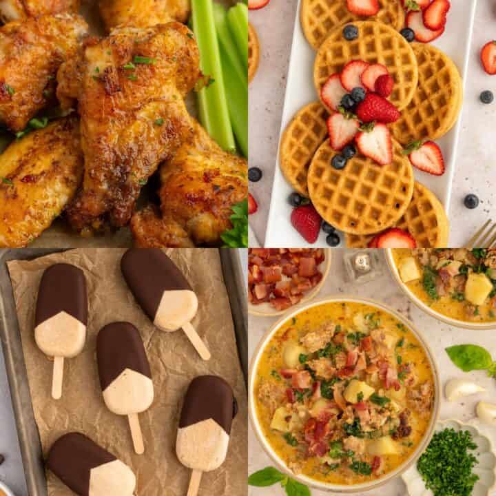 Collage with paleo waffles, crispy gluten-free chicken wings, protein ice cream bars, and dairy-free Zuppa Toscana.