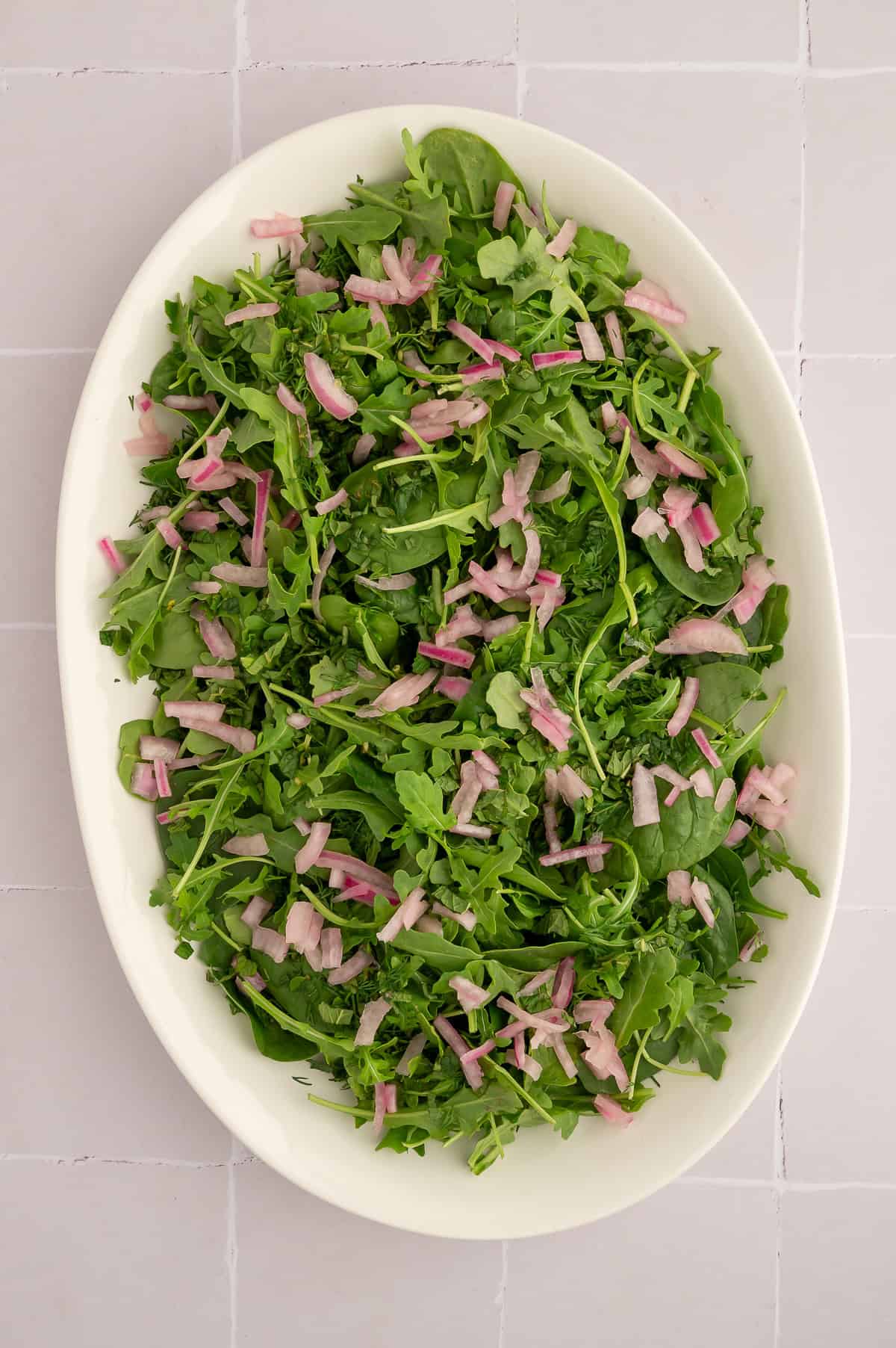 Arugula, spinach, pickled onion, dill, and mint on white platter.