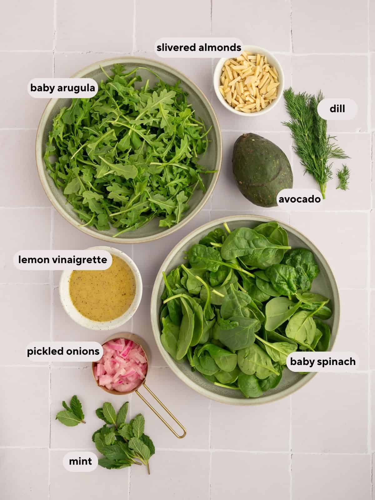 Ingredients for spinach and arugula salad.
