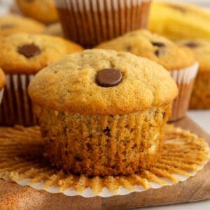 Unwrapped gluten-free chocolate chip banana muffin.