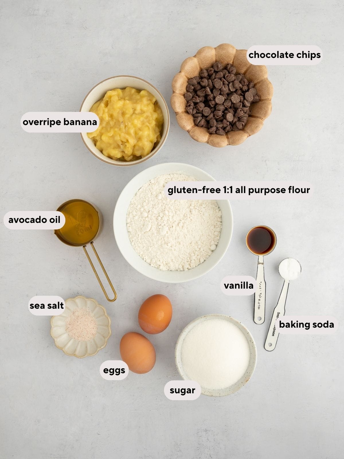 Ingredients for gluten-free chocolate chip banana muffins.