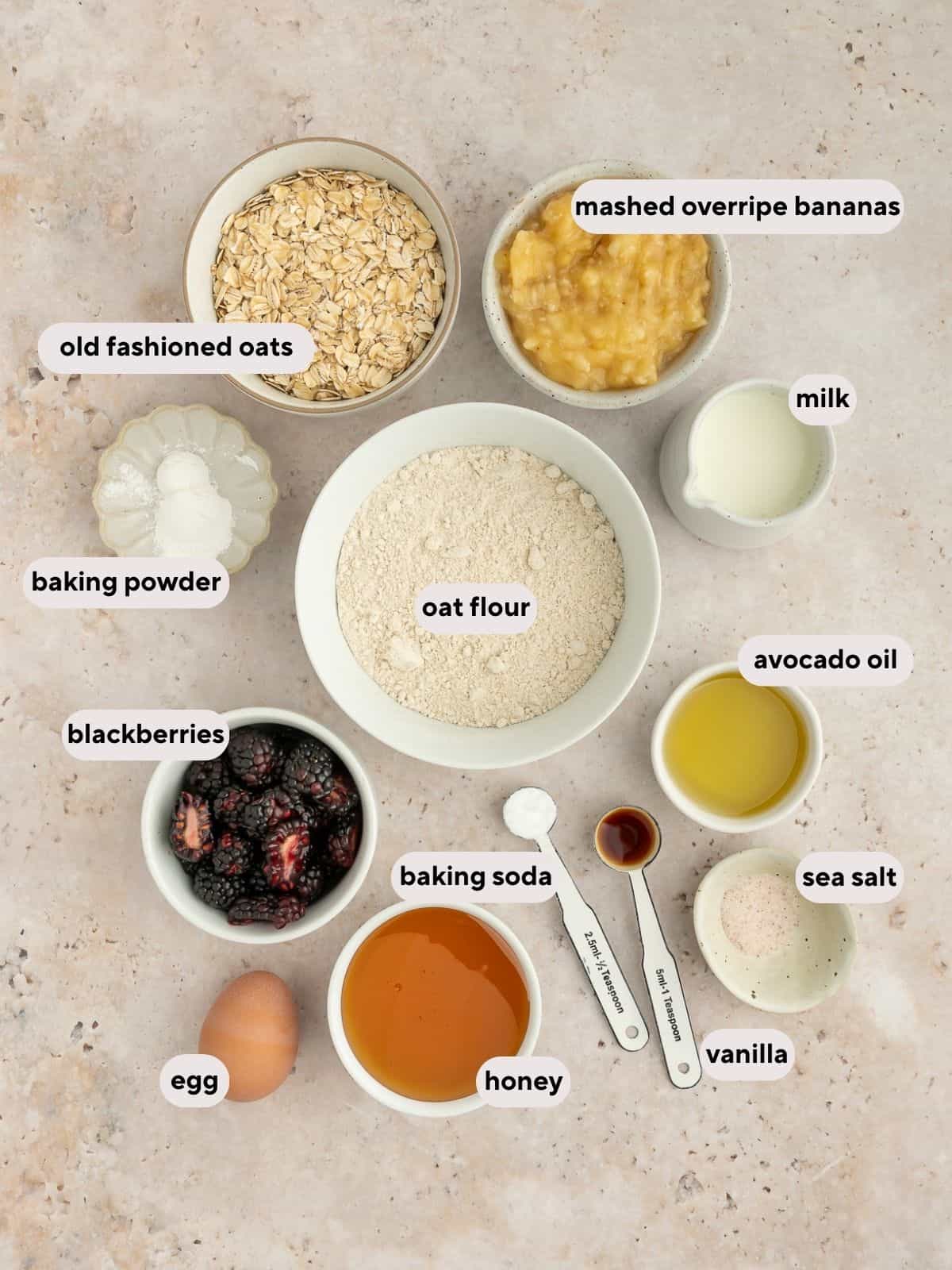Ingredients used for banana blackberry oatmeal muffins.