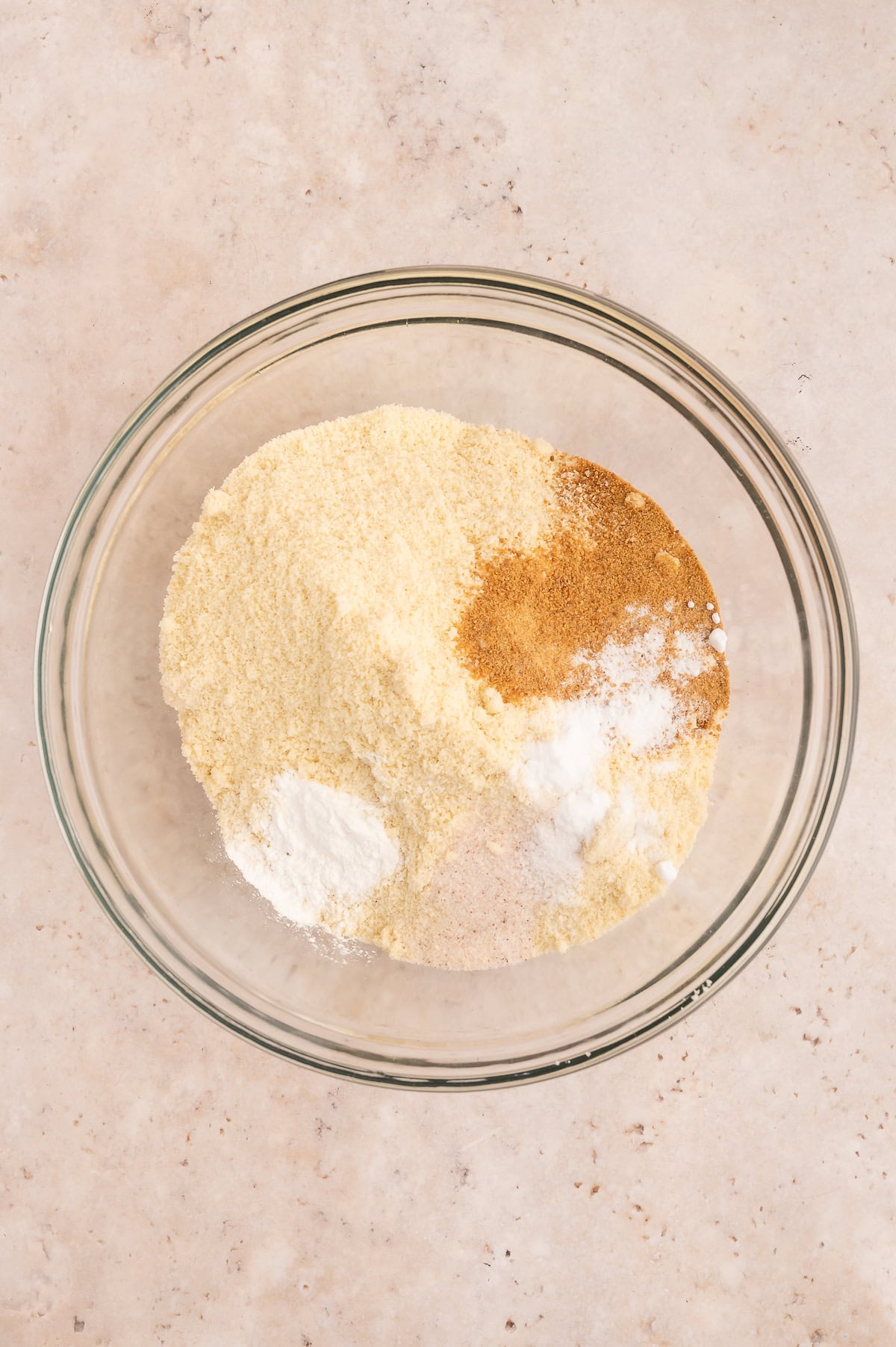 Mixing bowl with dry ingredients for protein pancakes.