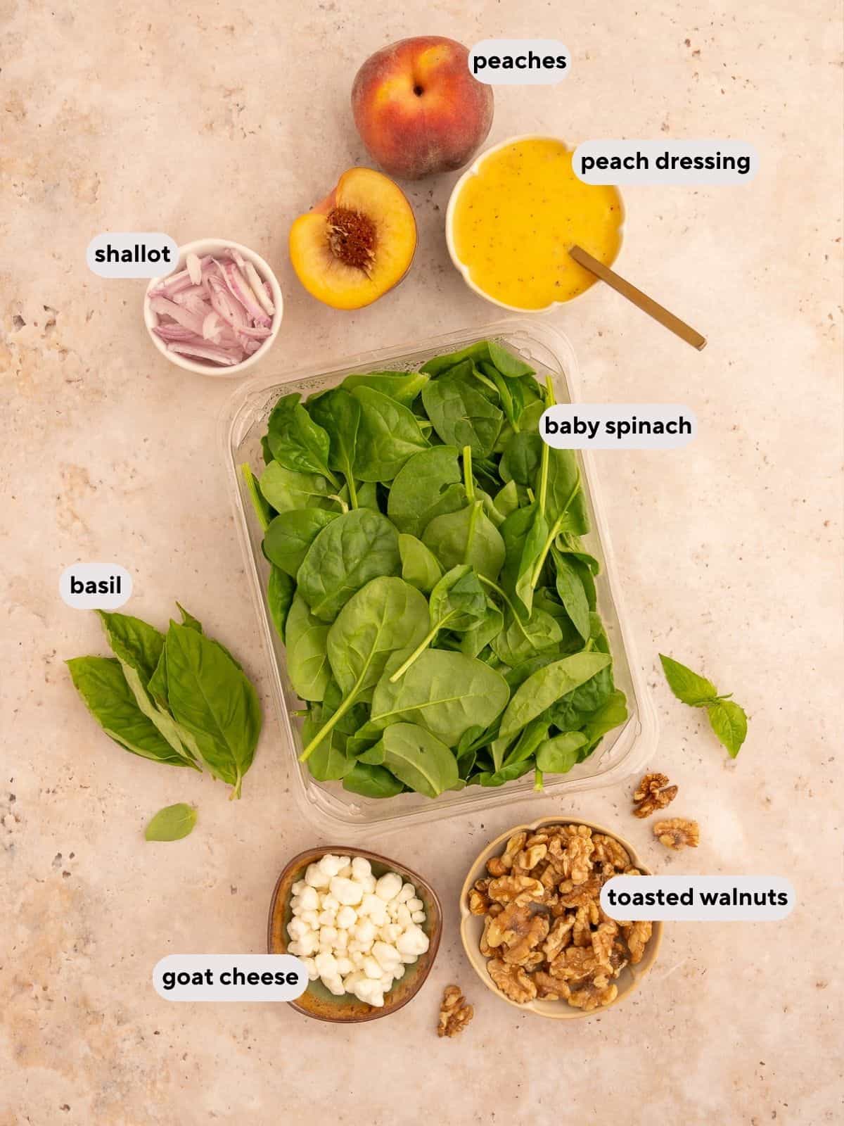 Ingredients used for peach and walnuts salad.