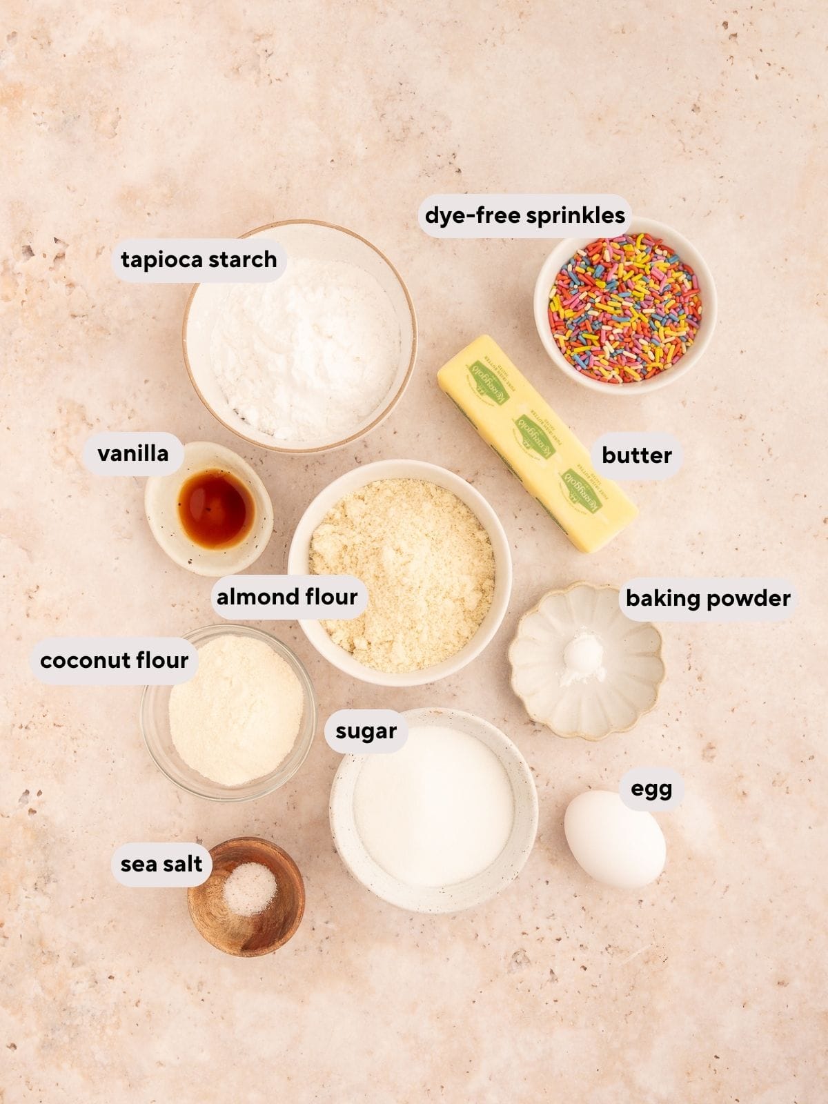 Ingredients used for almond flour sugar cookies.