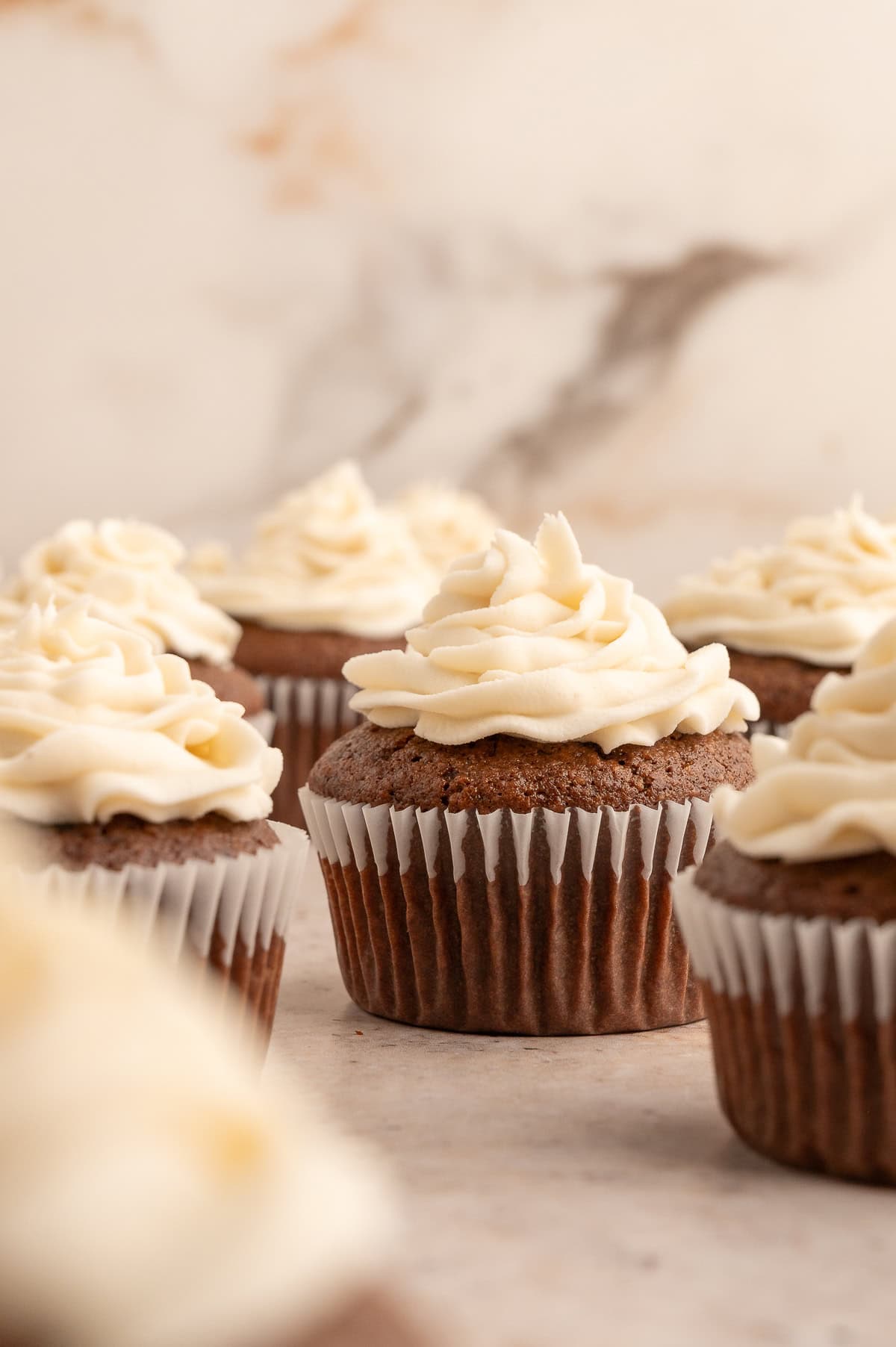 White frosting swirled on top of chocolate cupcakes.