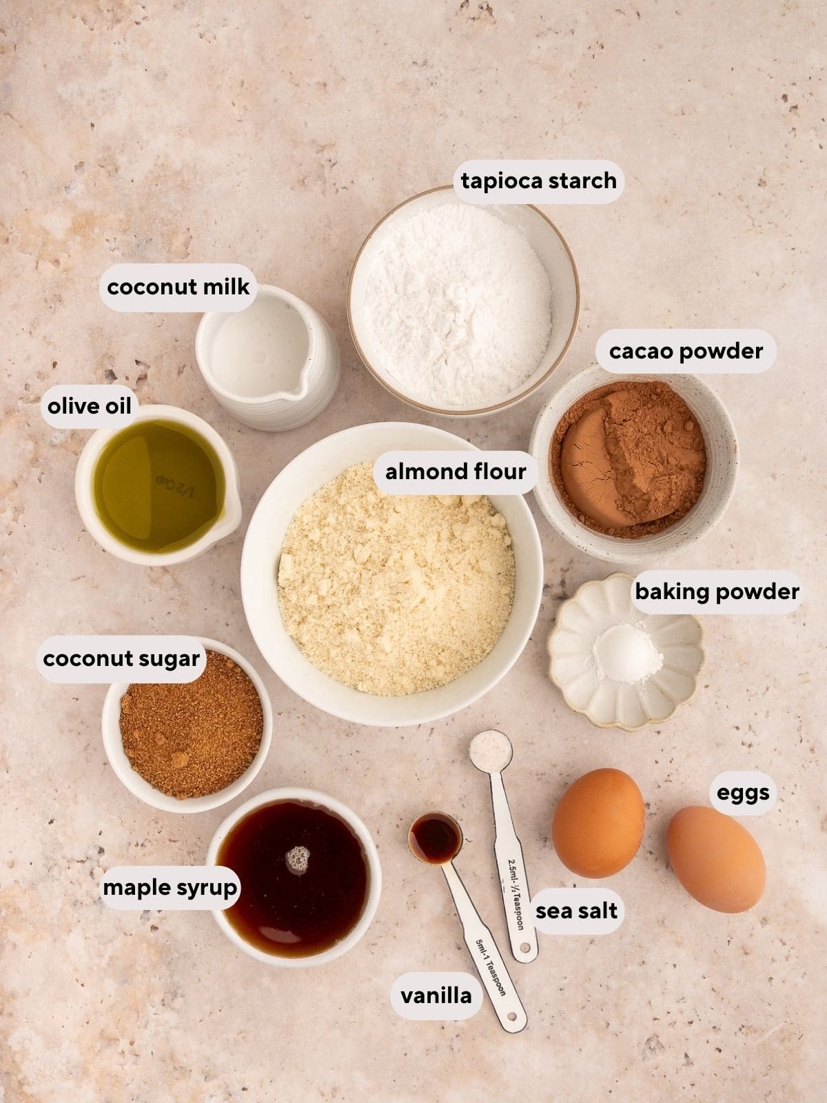 Ingredients used for almond flour chocolate cupcakes.